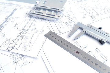 Top view of a caliper measuring tool, ruler and detail drawings.Engineering drawings, metal detail.