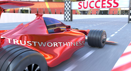 Trustworthiness and success - pictured as word Trustworthiness and a f1 car, to symbolize that Trustworthiness can help achieving success and prosperity in life and business, 3d illustration