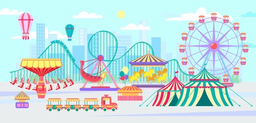 Amusement park, urban landscape with carousels, roller coaster and air balloon. Circus, Fun fair and Carnival theme vector