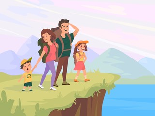 Fun family walking. Rest at nature. Vector illustration in a flat cartoon style.