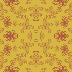 Fototapeta premium seamless pattern with leaves and flowers linocut style