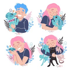 Cute children hold their pets in the arms