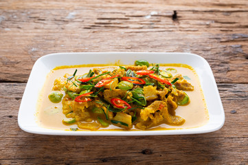 Spicy stir fried pork with Cluster Bean (Bitter Bean or stink beans) popular southern Thai food on...