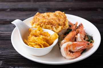 Stir fried Spicy Prawn , Thai Holy Basil With  Steamed Rice And Fried egg