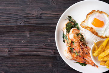 Stir fried Spicy Prawn , Thai Holy Basil With  Steamed Rice And Fried egg