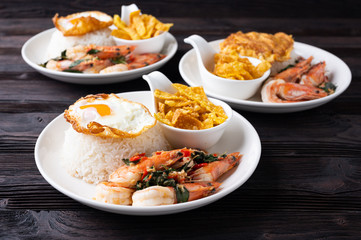Stir fried Spicy Prawn , Thai Holy Basil With  Steamed Rice And Fried egg