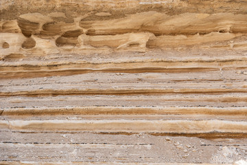Sandstone cliffs near Sde Boker showing erosion and sedimentary stratification. 
Natural sand rocks texture background Marine sedimentary rocks. Chalk, flint. 
