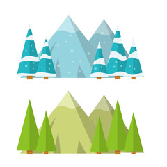 Mountains and forest. Different weather seasons. Natural landscape and environment. Green tree. Cartoon flat illustration. Summer and winter
