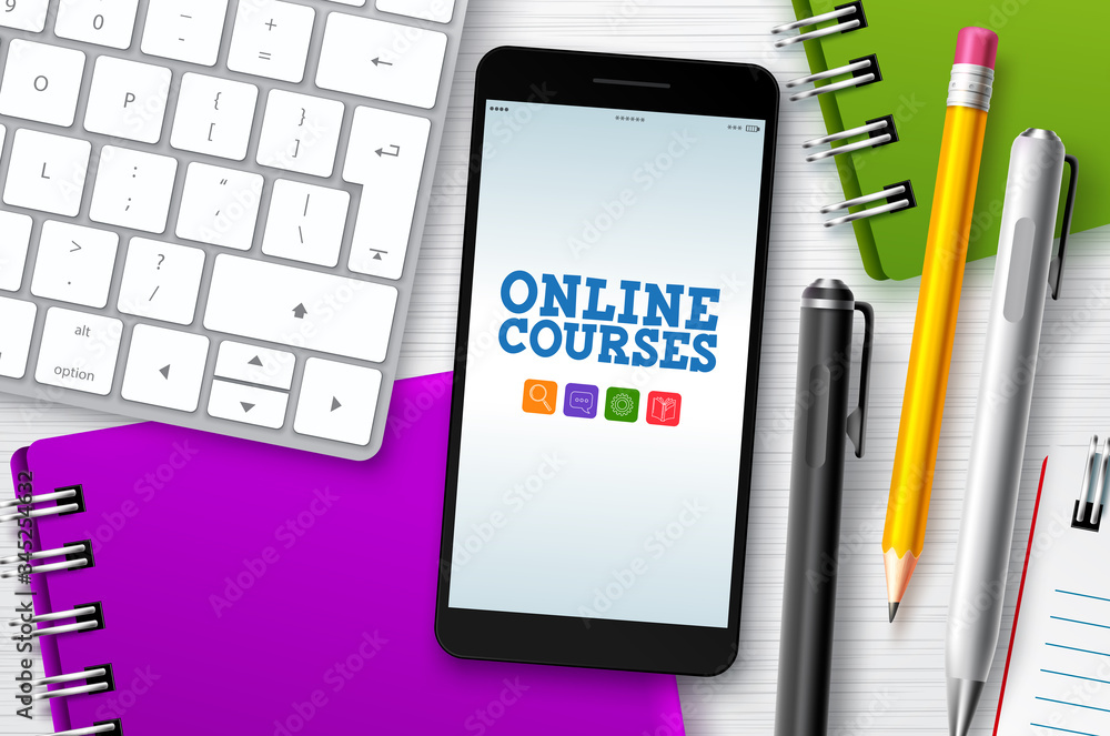 Poster online courses e-learning vector background. e-learning online courses text in mobile phone's screen