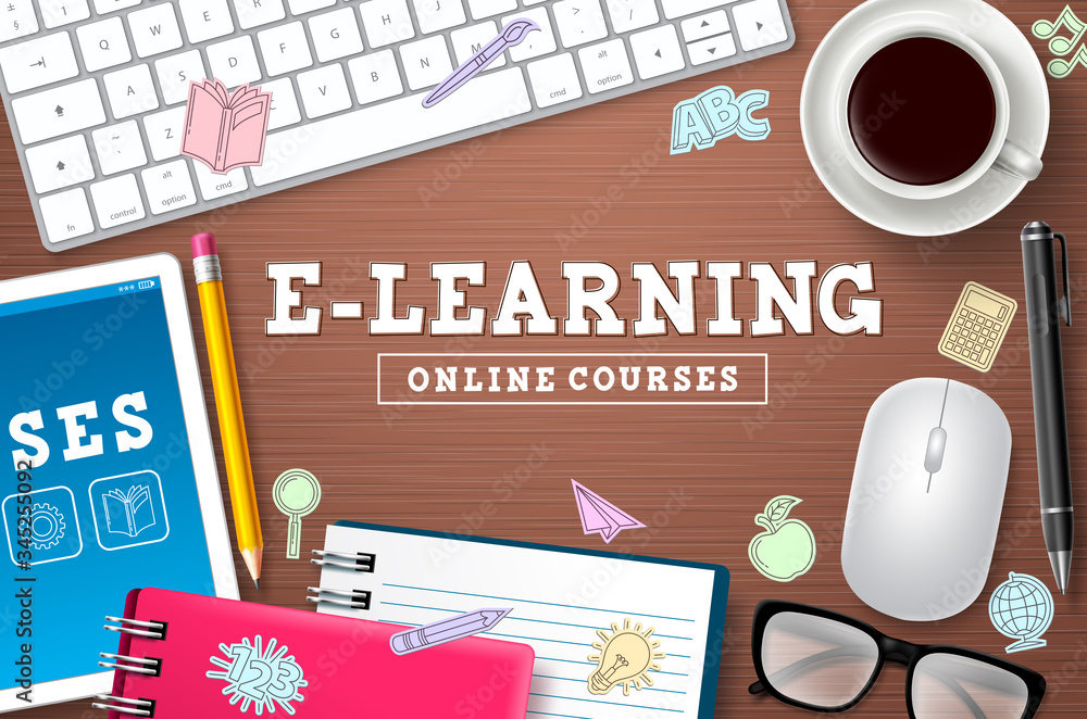 Poster e-learning online school vector background. e-learning online courses text with computer devices and