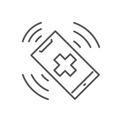 Call doctor related vector thin line icon. Smartphone with medical cross vibrates and rings. Medical help. Isolated on white background. Editable stroke. Vector illustration.