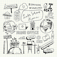 Stay Home Stay Safe Quote, Home Office Illustration, Concept, Earth Day Vector Illustration, Quarantine Lockdown doodles, Social Distancing, Work from home.