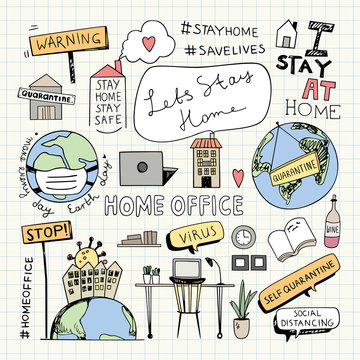 Stay Home Stay Safe Quote, Home Office Illustration, Concept, Earth Day Vector Illustration, Quarantine Lockdown doodles, Social Distancing, Work from home.