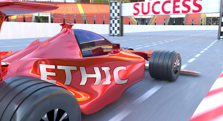 Fototapeta premium Ethic and success - pictured as word Ethic and a f1 car, to symbolize that Ethic can help achieving success and prosperity in life and business, 3d illustration
