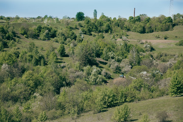 green ravine with trees blue tractor