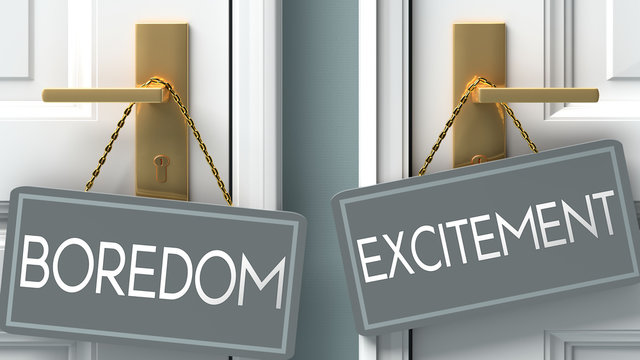 excitement or boredom as a choice in life - pictured as words boredom, excitement on doors to show that boredom and excitement are different options to choose from, 3d illustration