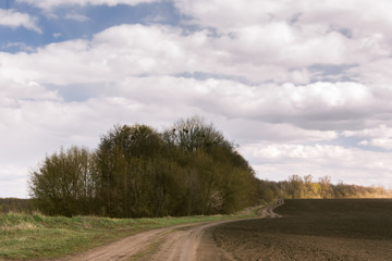 road through an empty field under the clouds