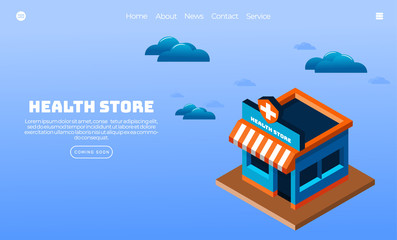 Illustration vector graphic of health store building. isometric style. Perfect for web landing page, banner, poster, etc.