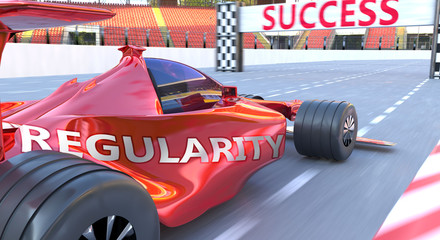 Naklejka premium Regularity and success - pictured as word Regularity and a f1 car, to symbolize that Regularity can help achieving success and prosperity in life and business, 3d illustration