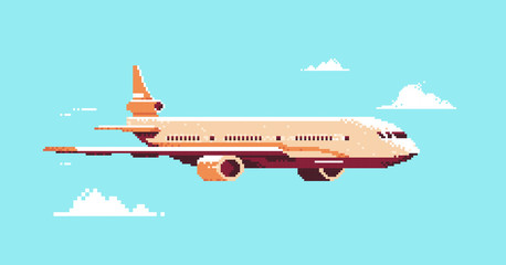 pixel art plane aircraft flying in sky air passenger transport airline service concept horizontal vector illustration