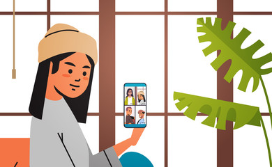 woman meeting with mix race friends during video call coronavirus quarantine stay home concept people having virtual fun live conference horizontal portrait vector illustration