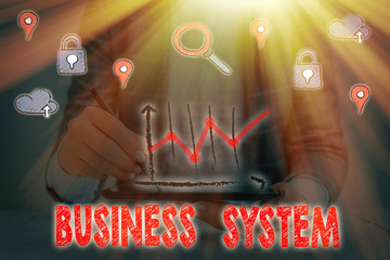 Text sign showing Business System. Business photo showcasing A method of analyzing the information of organizations © A