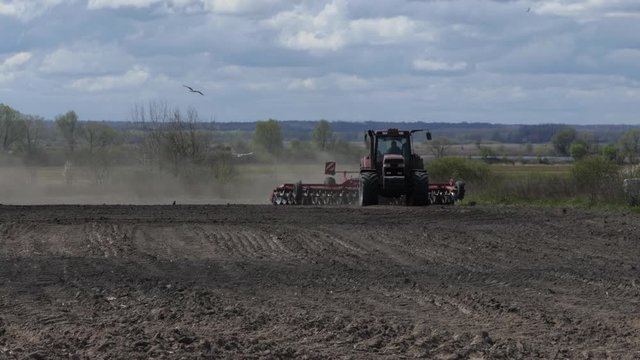 Farmer on Tractor Plowing Dusty Arid Soil. Farm Car Followed by Flock Birds. Tractor Cuts Furrows in Farm Field for Sowing. Agribusiness in Spring. Sowing Agricultural Crops