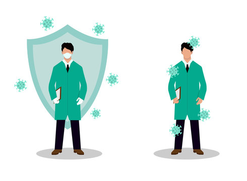 Two doctors during a viral infection on an isolated white background. One in gloves and a mask is protected from bacteria, the second does not follow hygiene and became ill. Flat style vector graphic.