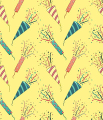 Stripped and dotted confetti petards seamless pattern on yellow background