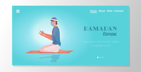 religious muslim man in mask praying ramadan kareem holy month religion coronavirus pandemic quarantine concept prayer kneeling on carpet full length horizontal copy space vector illustration