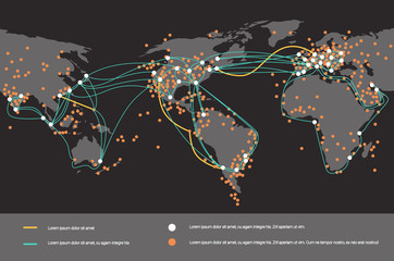 global network cable connections and information transfer system world map technology internet connection telecommunications concept infographic horizontal copy space vector illustration