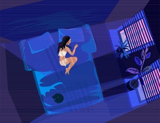 the girl is lying on the bed alone, she is lonely. Vector illustration.