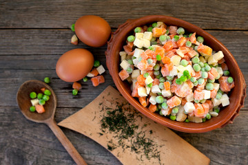 breakfast with fresh vegetables in clay bowl