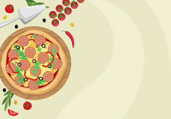 Pizza with salami, olives and cheese in a cardboard box. The view from the top. Vector template with space for text.