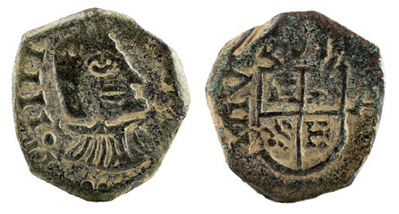 Ancient copper coin of the Spanish king Felipe IV. 