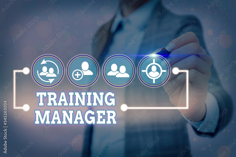 Aufkleber writing note showing training manager. business concept for giving needed skills for high positions 
