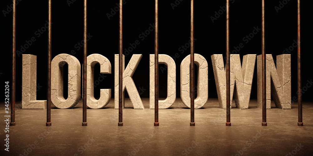 Poster lockdown text word message from behind bars in prison 3d render