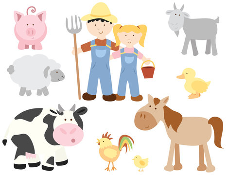 A vector illustration of cute happy isolated farm characters: farmers, pig, sheep, cow, goat, duck, chicken, rooster and horse