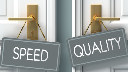 quality or speed as a choice in life - pictured as words speed, quality on doors to show that speed and quality are different options to choose from, 3d illustration