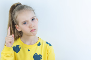 Vivid or colorful workpiece with funny, cool, pretty and nice girl in yellow sweater or tee-shirt...