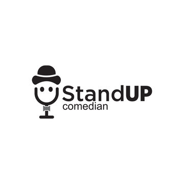 Stand up comedian logo design with using hat, microphone and bow tie icon