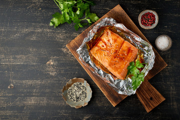 Foil pack dinner with fish. Fillet of salmon. Healthy diet food, keto diet