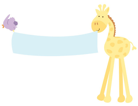 A vector illustration of a cute smiling isolated giraffe holding a blue banner with a cute purple bird