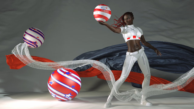 Realistic 3D render illustration of a dark-skinned beautiful girl standing on a background of white, red, blue ribbons and holding a star-striped ball in her outstretched hand