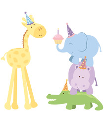 A vector illustration of a cute giraffe wearing a birthday party hat being given a cupcake by a tower of other safari animals: an elephant, hippo and crocodile