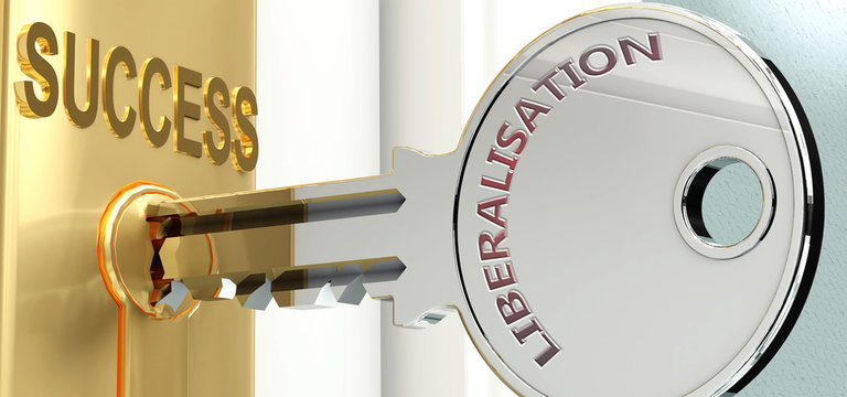 Liberalisation and success - pictured as word Liberalisation on a key, to symbolize that Liberalisation helps achieving success and prosperity in life and business, 3d illustration