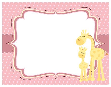 A vector illustration of a cute mom and baby giraffe with a blank scrapbook style frame on a pink polka dot pattern background