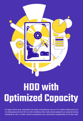 HDD with optimized capacity poster flat silhouette vector template. Data storage hardware brochure, booklet one page concept design with cartoon characters. Hard drive flyer, leaflet with text space