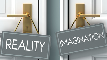 imagination or reality as a choice in life - pictured as words reality, imagination on doors to show that reality and imagination are different options to choose from, 3d illustration © GoodIdeas