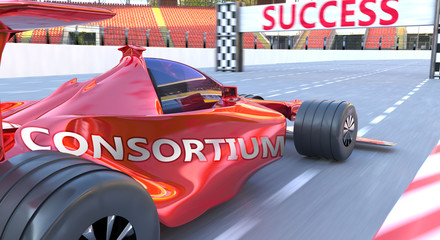 Fototapeta premium Consortium and success - pictured as word Consortium and a f1 car, to symbolize that Consortium can help achieving success and prosperity in life and business, 3d illustration